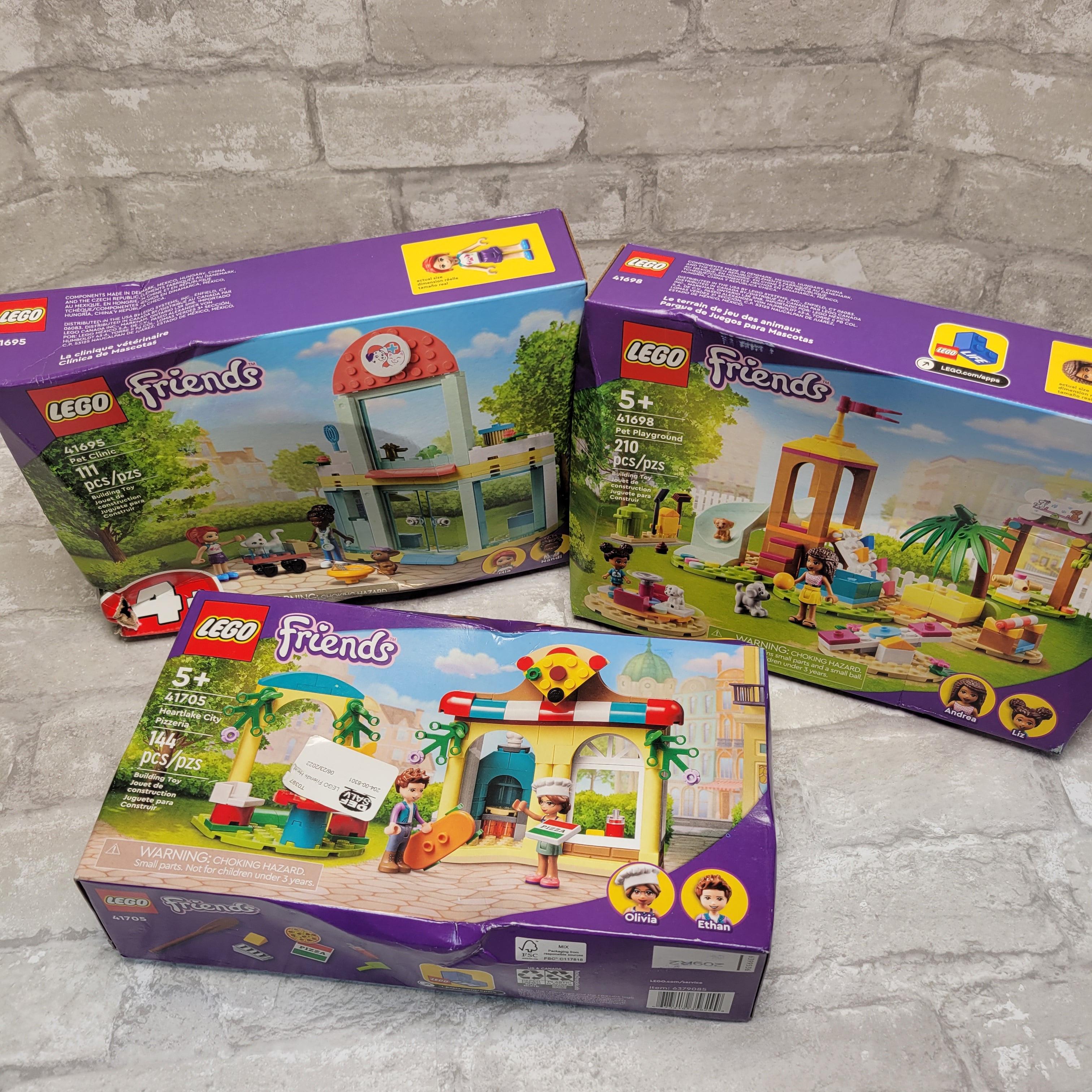 LEGO Friends Heartlake Pizzeria 41705, Pet Clinic 41695, Pet Playground 41698 (7931463270638)